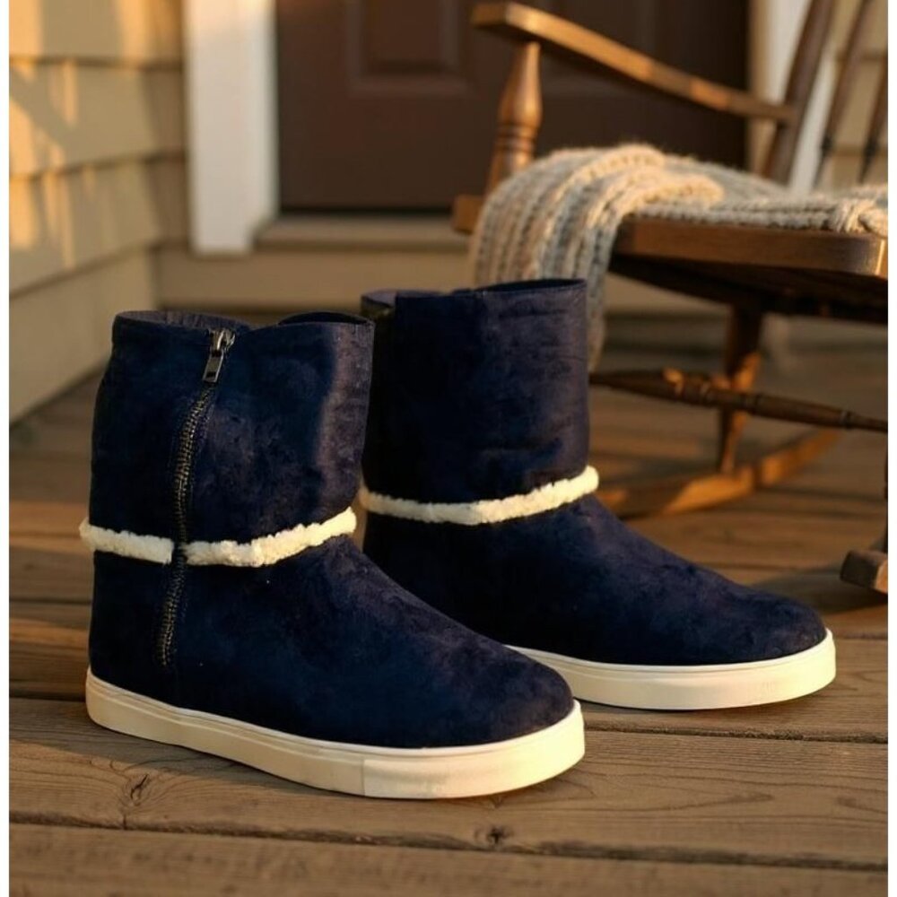 JustFab Romella Navy Faux Suede Boots With Faux Fur Lining & Side Zipper Size 11 - Picture 1 of 8